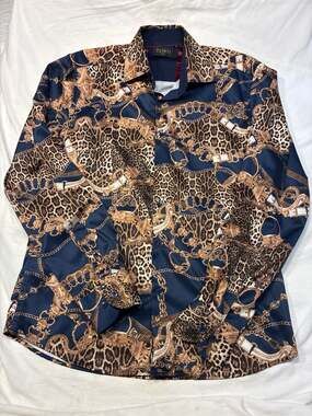 TOKU Men's Leopard and Gold Chain Print Slim Fit Button Down Shirt, Size S